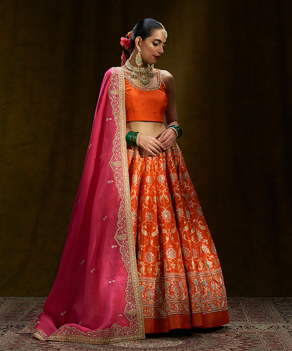 Orange_Handloom_Banarasi_Lehenga_with_Pink_Mughal_Zardozi_Dupatta_WeaverStory_02