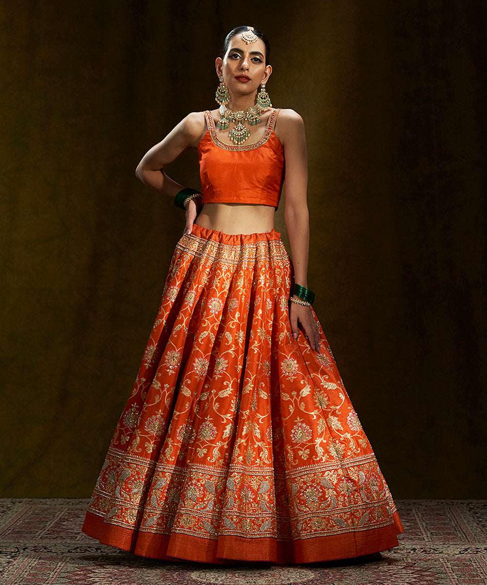 Orange_Handloom_Banarasi_Lehenga_with_Pink_Mughal_Zardozi_Dupatta_WeaverStory_04