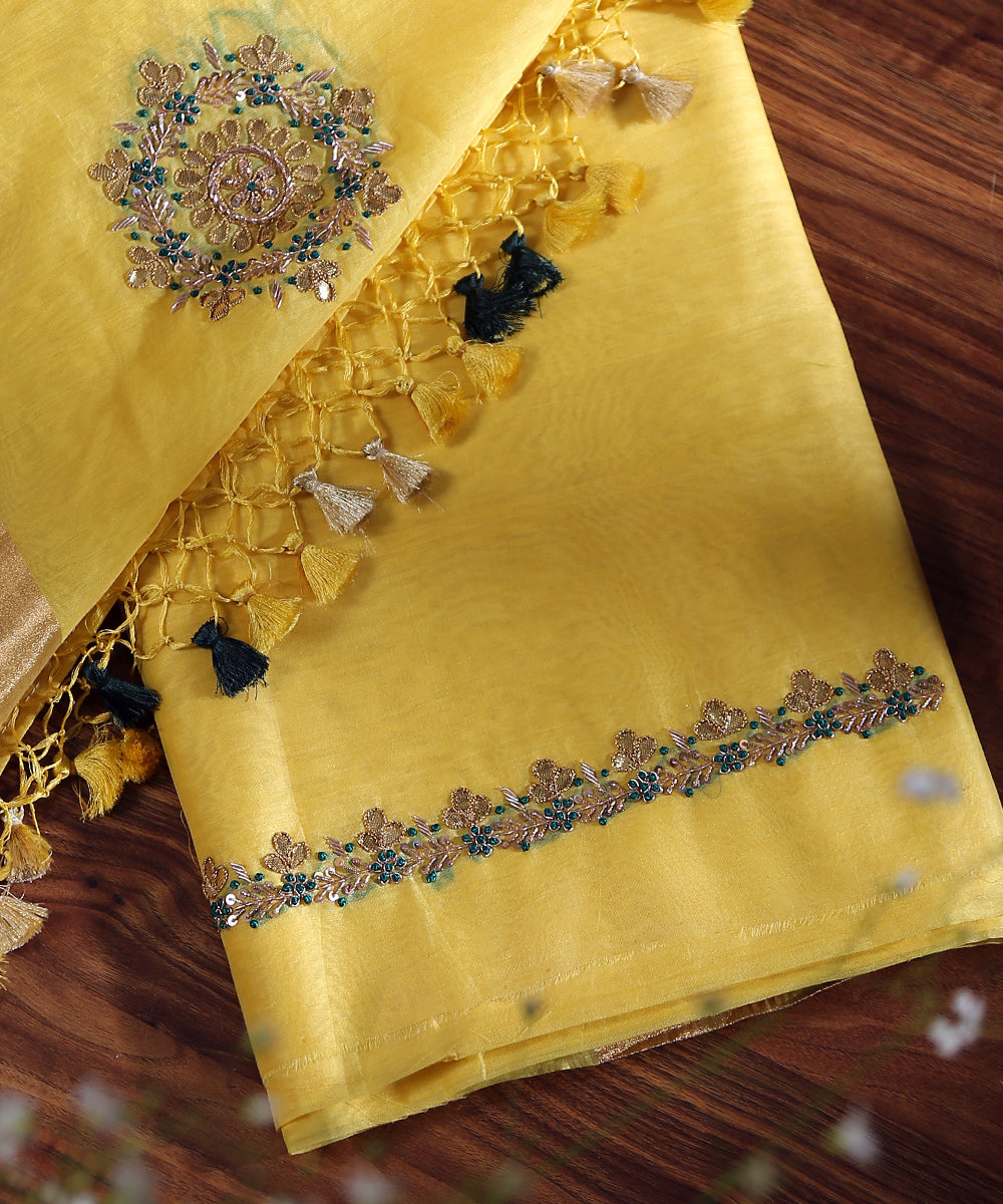 Yellow_Handloom_Unstitched_Kurta_Fabric_With_Dupatta_With_Embroidery_Of_Gota_Patti_And_Zardozi_WeaverStory_01