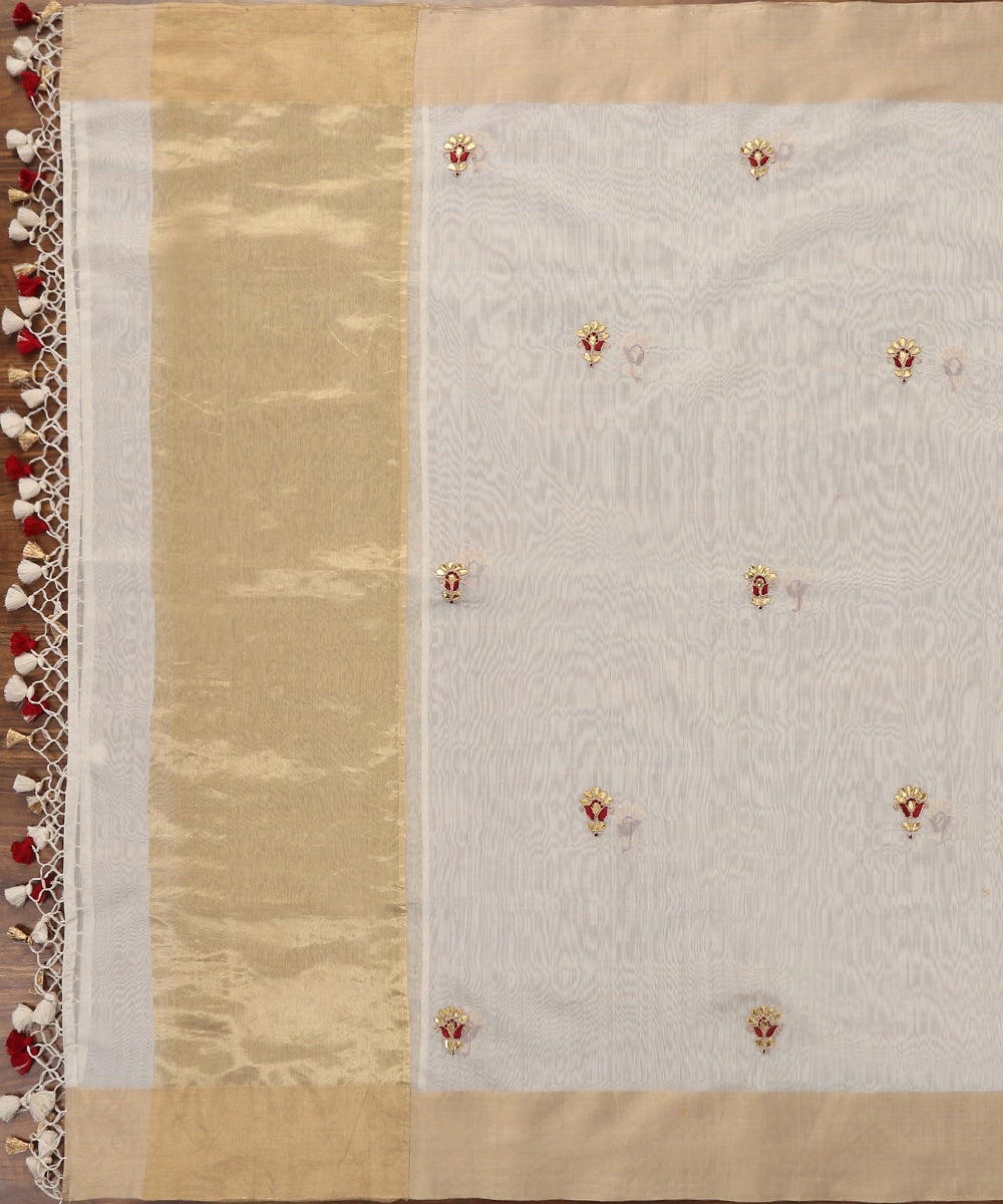 White_Handloom_Unstitched_Chanderi_Silk_Kurta_Fabric_With_Kundan_Work_And_Boota_Dupatta_WeaverStory_03