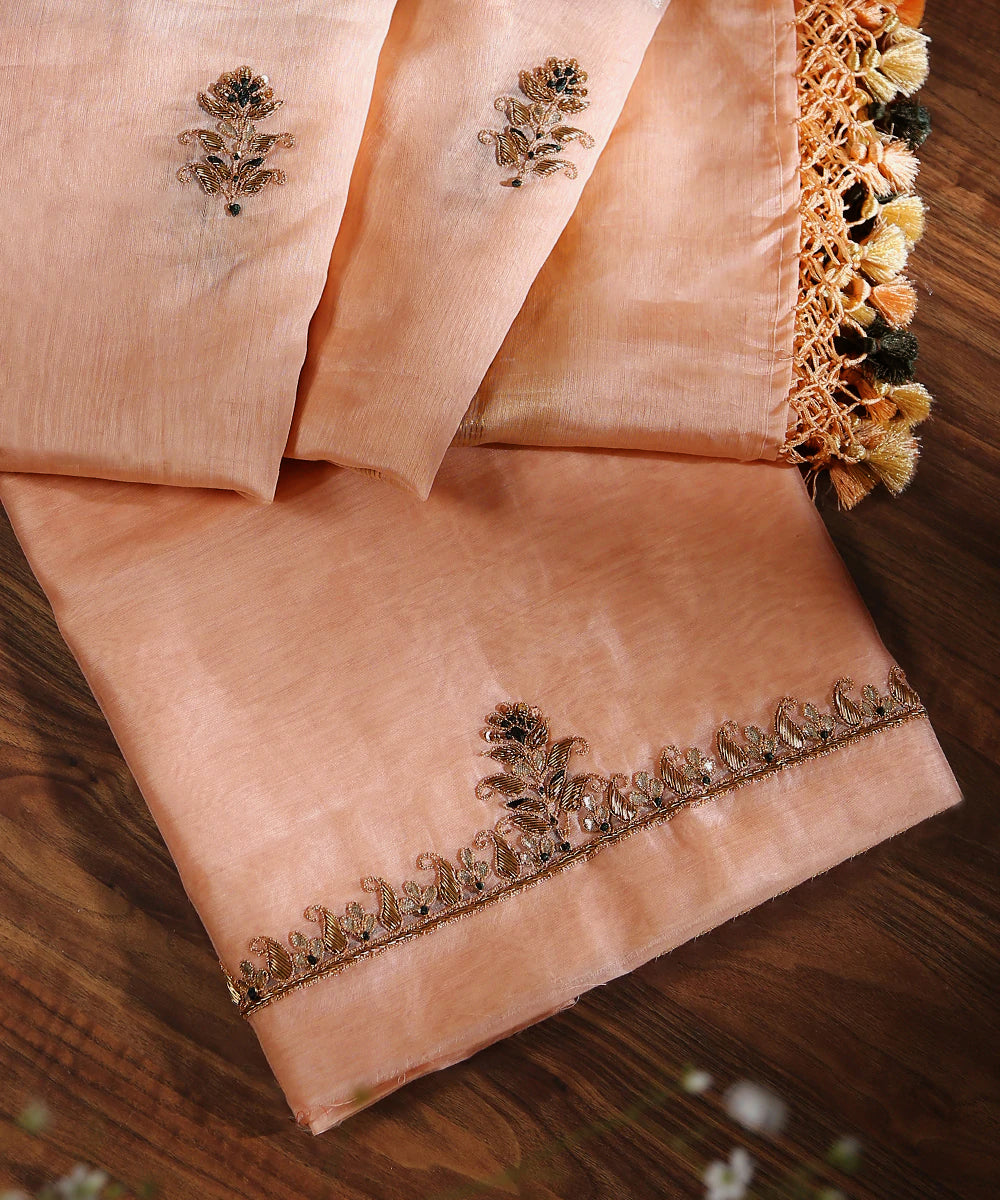 Handloom_Peach_Chanderi_Silk_Kurta_Fabric_With_Dupatta_Having_Gota_Patti_And_Zardozi_Embroidery_WeaverStory_01