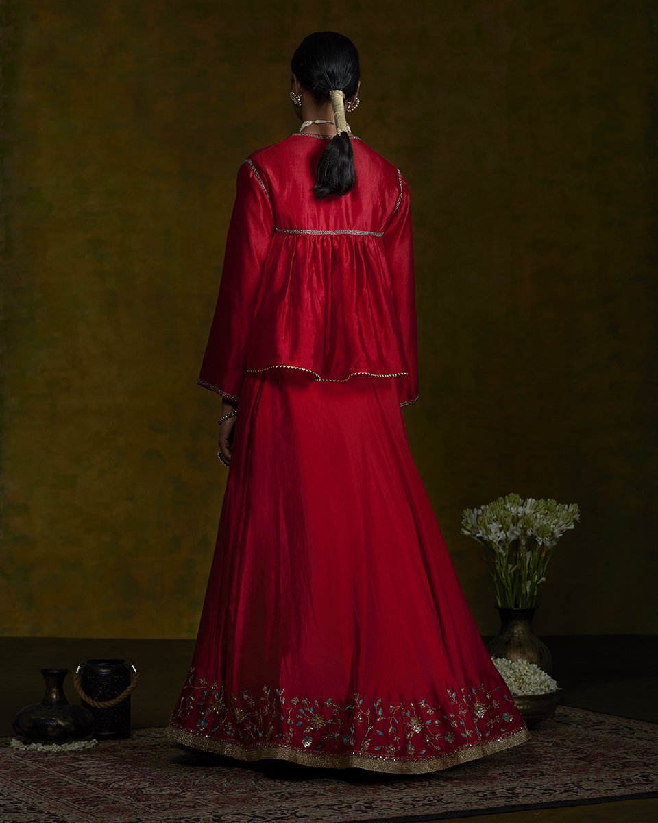 Red_Handwoven_Pure_Silk_Lehenga_with_Zardozi_Embroidery_and_Gathered_Angrakha_Top_with_Organza_Dupatta_WeaverStory_04