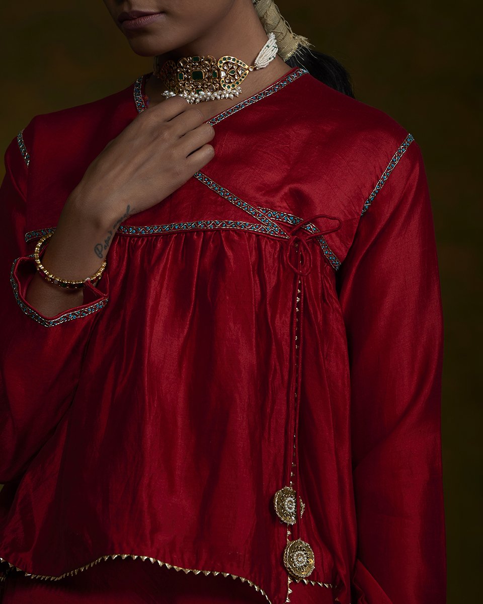 Red_Handwoven_Pure_Silk_Lehenga_with_Zardozi_Embroidery_and_Gathered_Angrakha_Top_with_Organza_Dupatta_WeaverStory_05