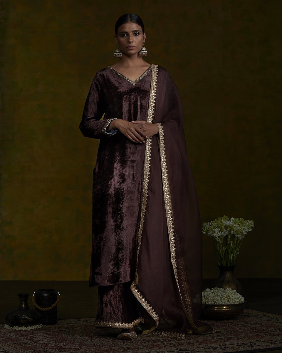 Brown_Velvet_suit_set_with_zardozi_work_and_handwork_Gota_Patti_Border_WeaverStory_04