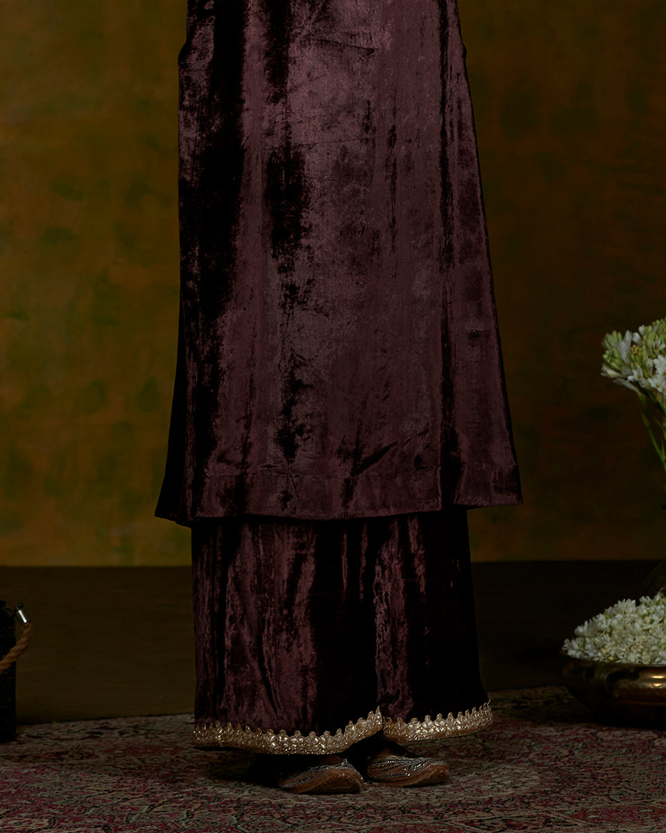 Brown_Velvet_suit_set_with_zardozi_work_and_handwork_Gota_Patti_Border_WeaverStory_06