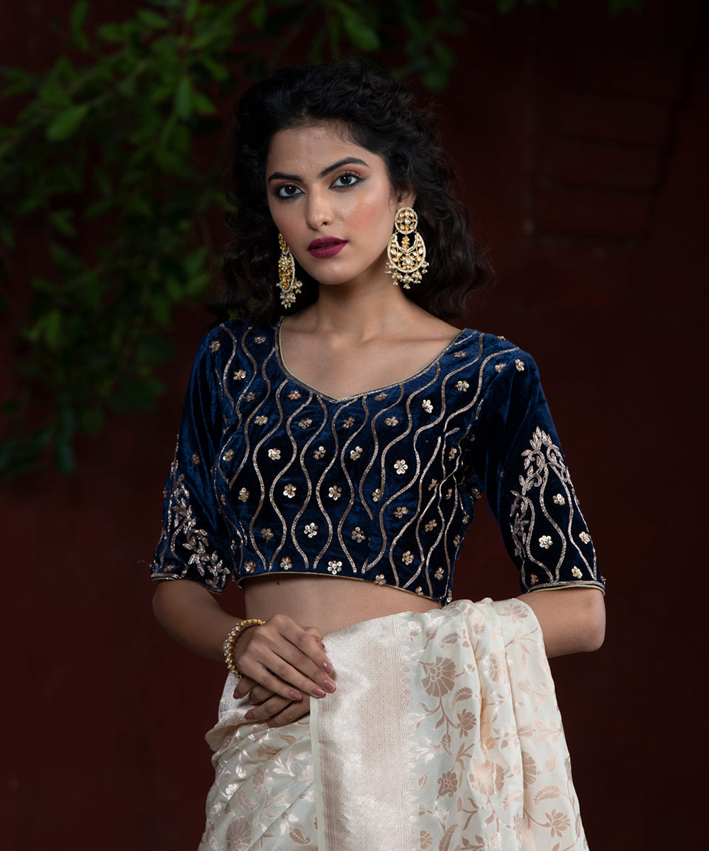 Blue_Velvet_Zardozi_Blouse_with_Leher_Design_with_half_Sleeves_WeaverStory_03