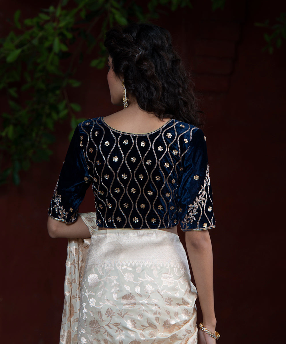 Blue_Velvet_Zardozi_Blouse_with_Leher_Design_with_half_Sleeves_WeaverStory_04