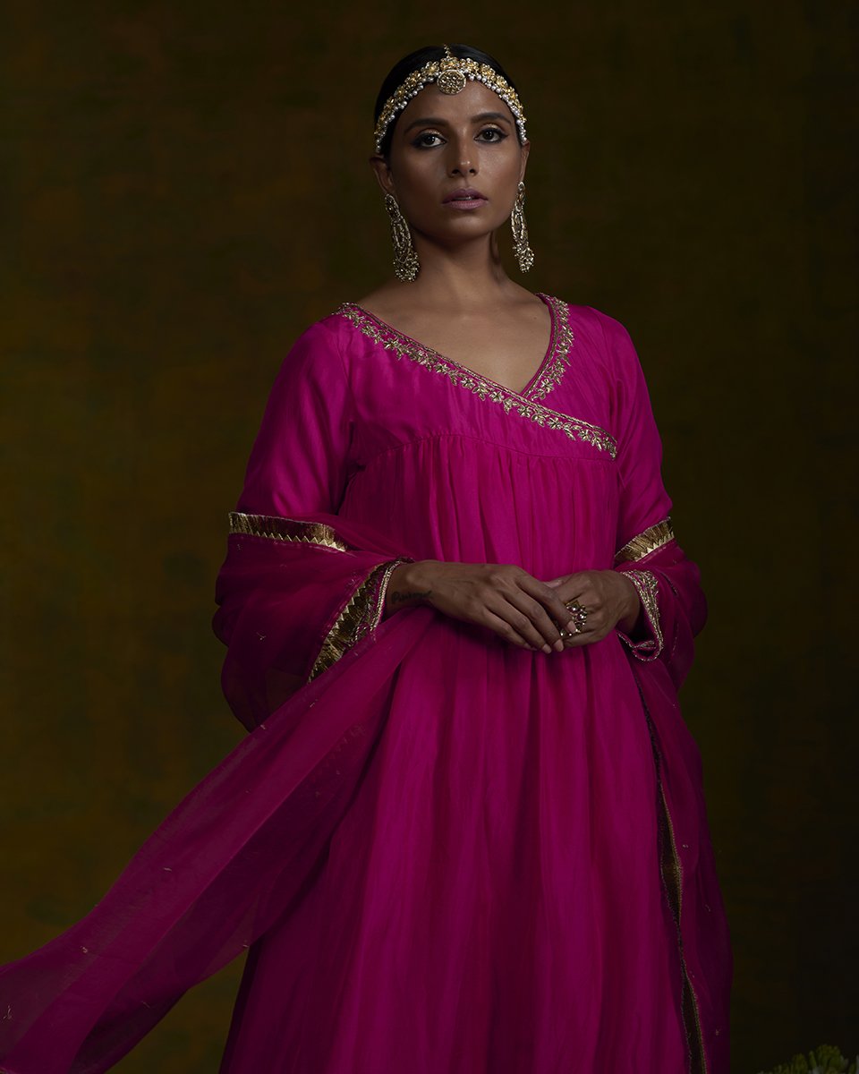 Pink_pure_mulbery_silk_zardozi_work_angrakha_with_green_velvet_farshi_and_organza_dupatta_WeaverStory_01