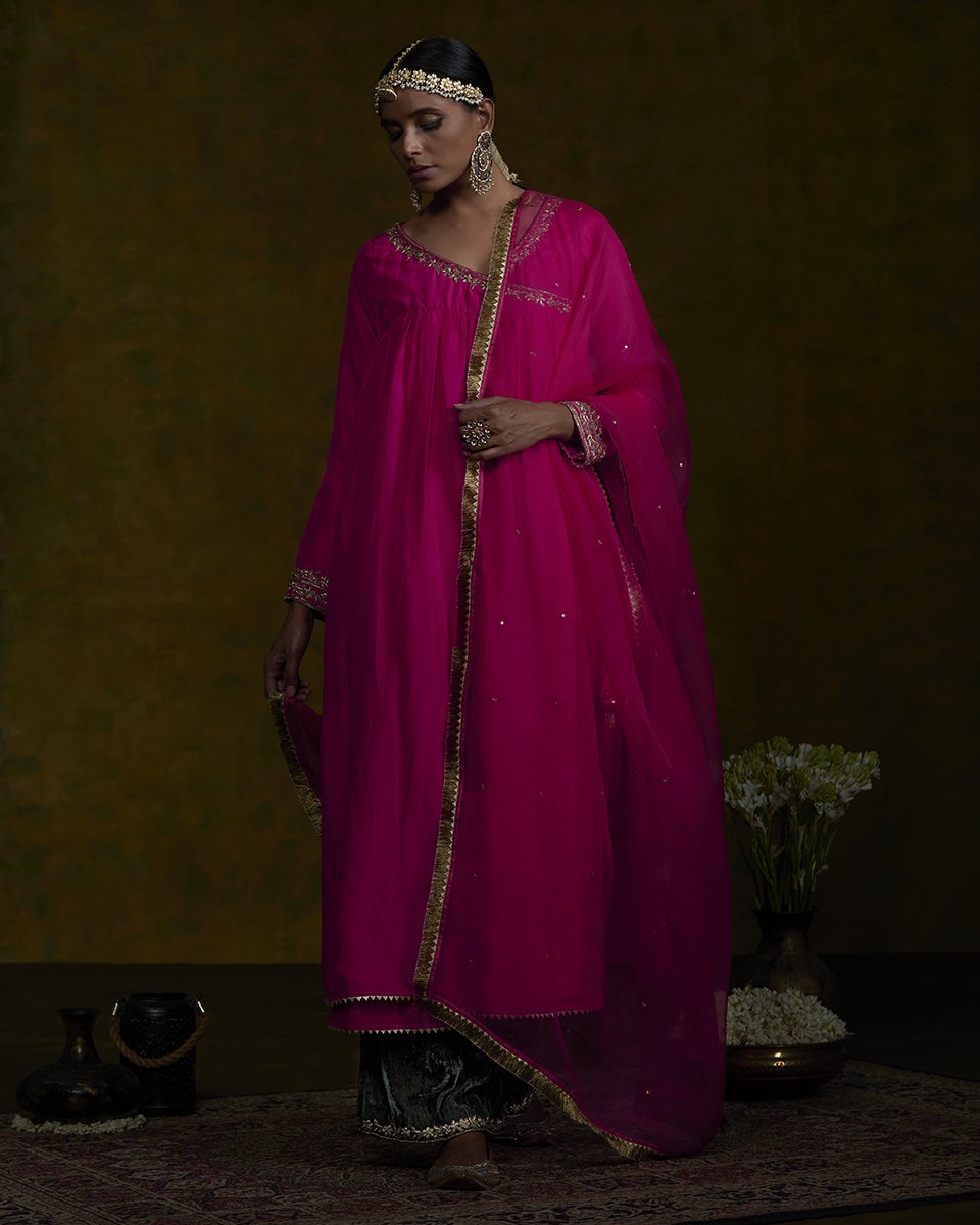 Pink_pure_mulbery_silk_zardozi_work_angrakha_with_green_velvet_farshi_and_organza_dupatta_WeaverStory_02