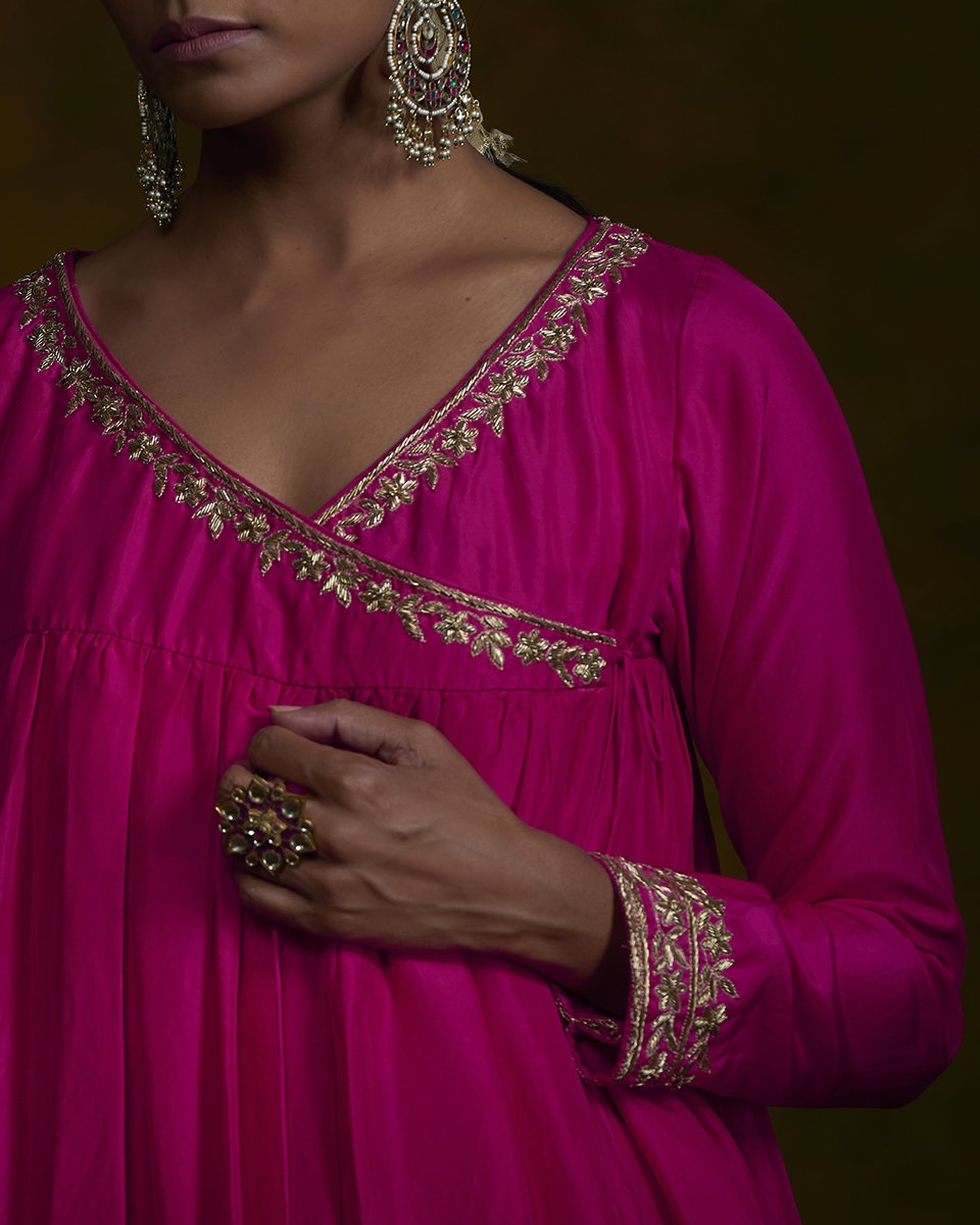 Pink_pure_mulbery_silk_zardozi_work_angrakha_with_green_velvet_farshi_and_organza_dupatta_WeaverStory_05