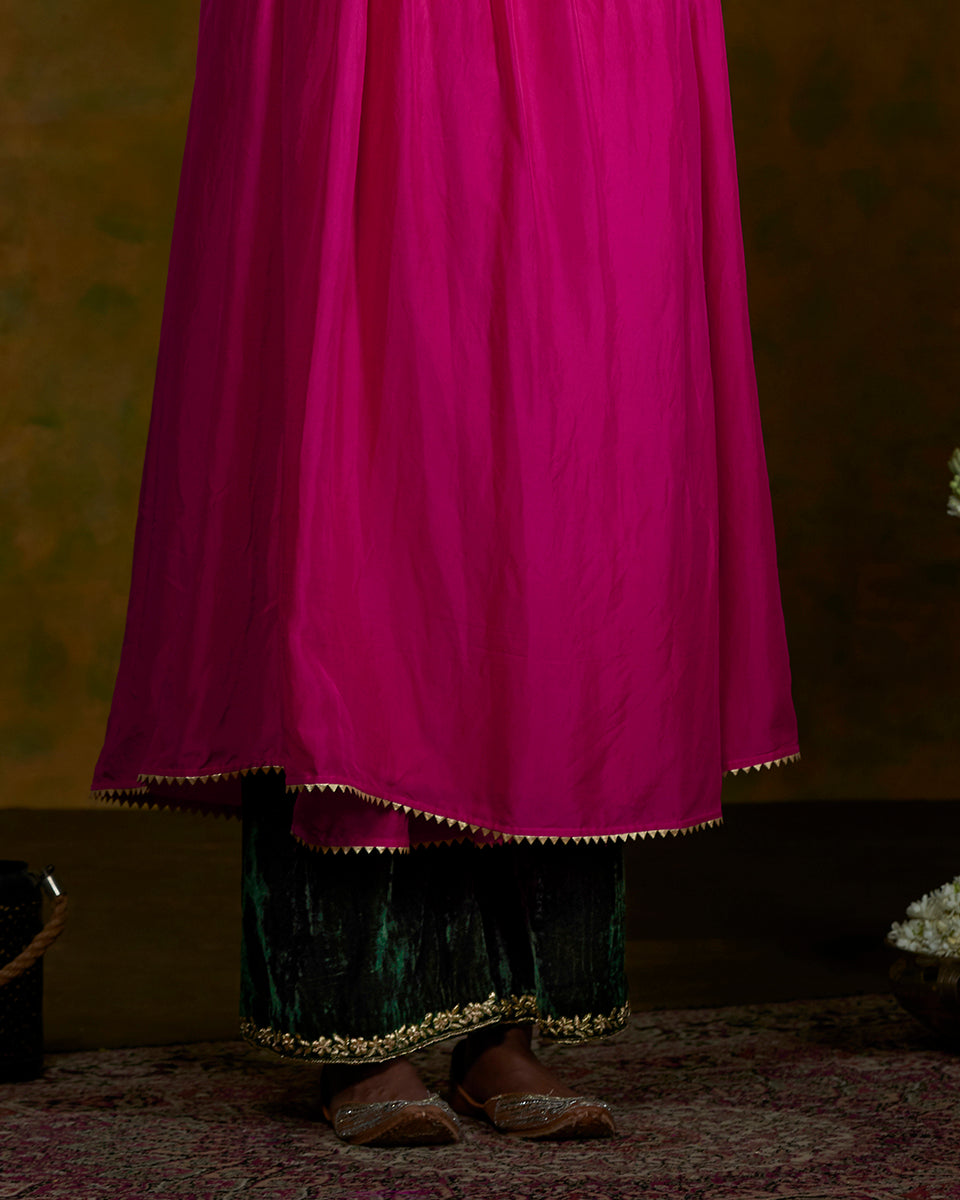 Pink_pure_mulbery_silk_zardozi_work_angrakha_with_green_velvet_farshi_and_organza_dupatta_WeaverStory_06