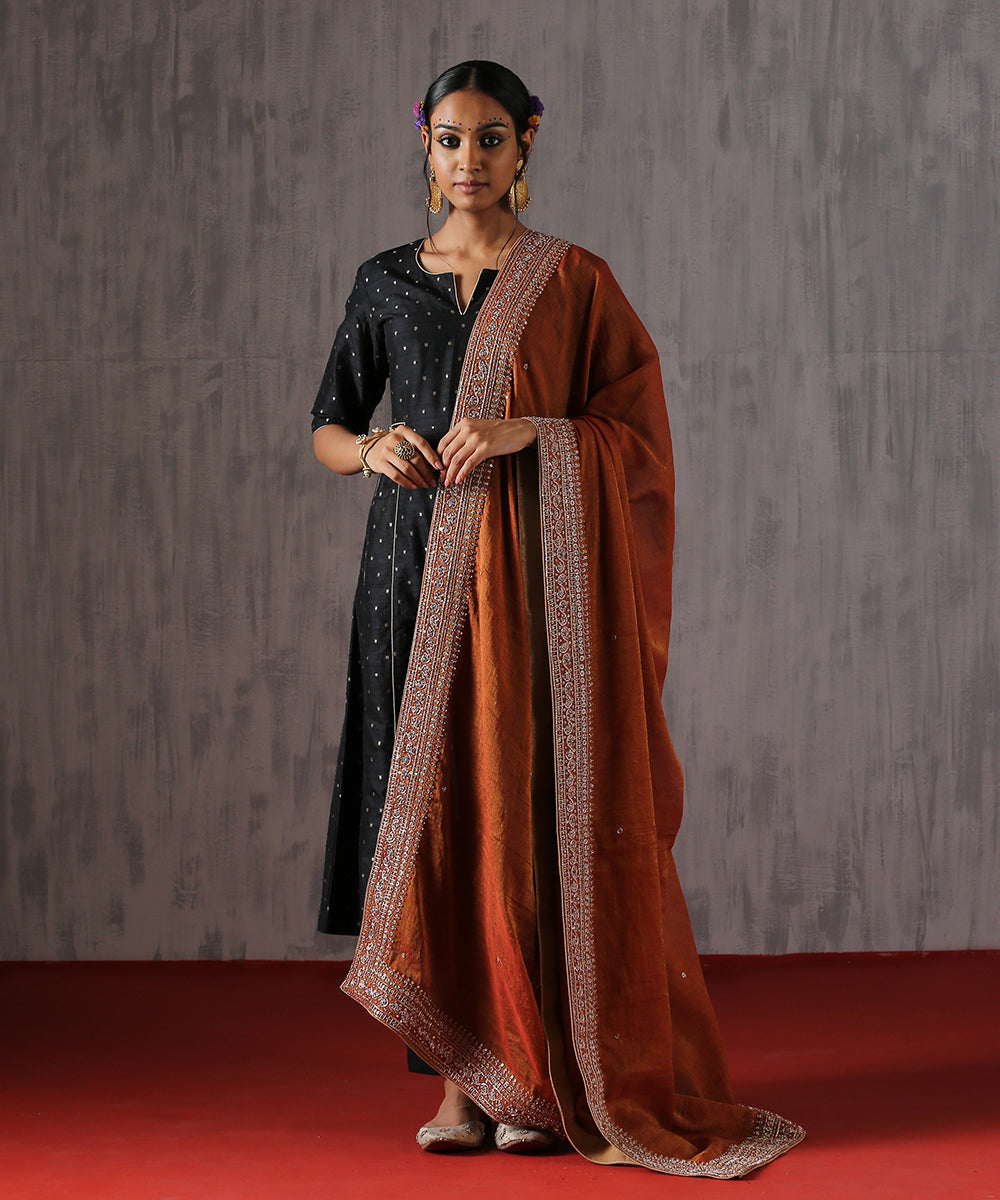 Rust_Pure_Handloom_Cotton_Tissue_Dupatta_with_Hand_Embroidery_Zardozi_Borders_WeaverStory_01