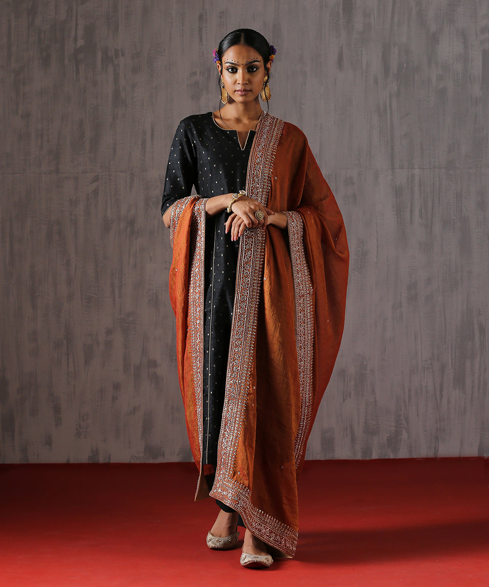 Rust_Pure_Handloom_Cotton_Tissue_Dupatta_with_Hand_Embroidery_Zardozi_Borders_WeaverStory_02