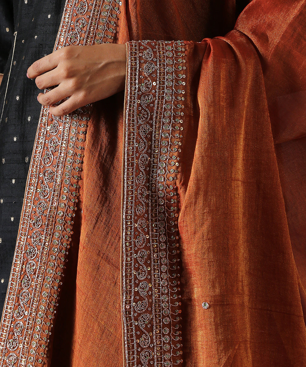 Rust_Pure_Handloom_Cotton_Tissue_Dupatta_with_Hand_Embroidery_Zardozi_Borders_WeaverStory_03