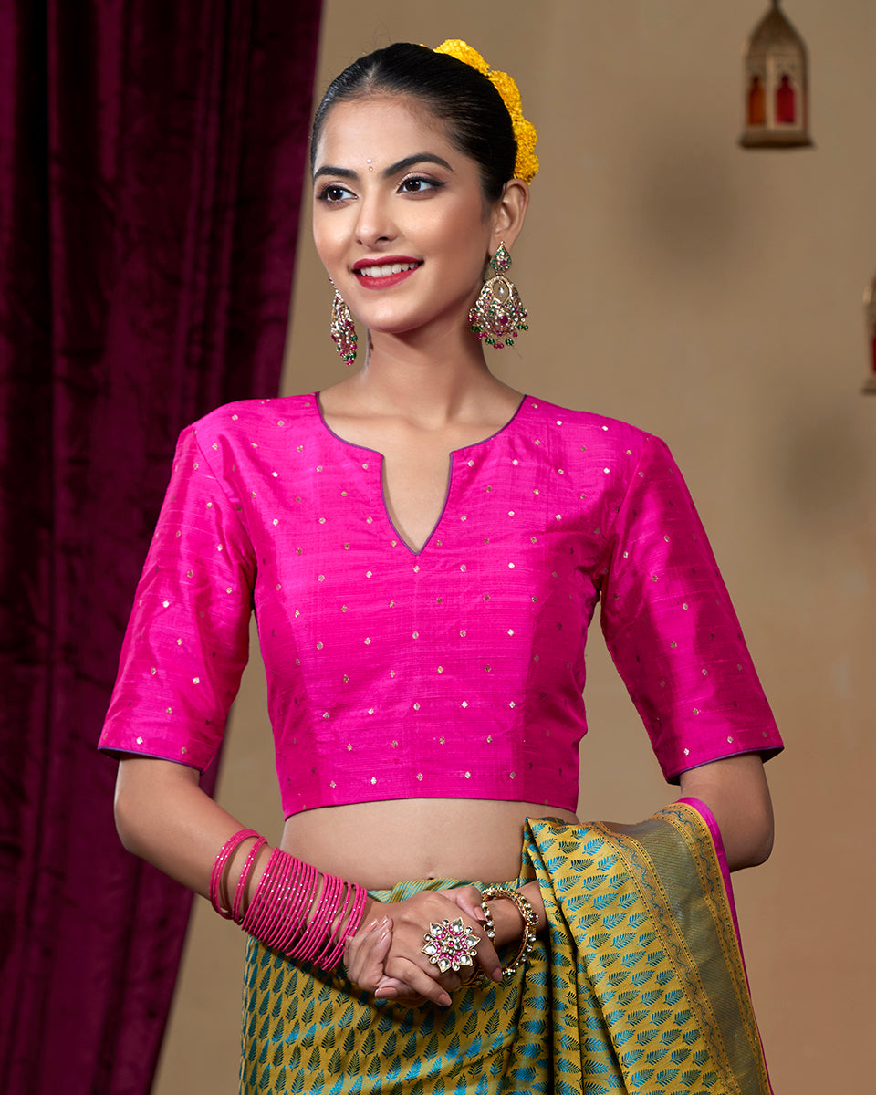 Pink_Banarasi_Tusser_Silk_Blouse_with_Zari_Booti_WeaverStory_01