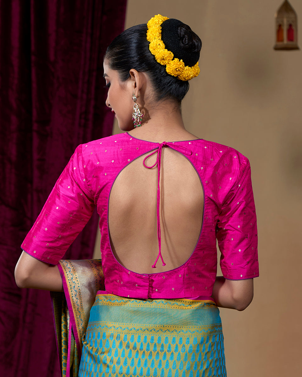 Pink_Banarasi_Tusser_Silk_Blouse_with_Zari_Booti_WeaverStory_04