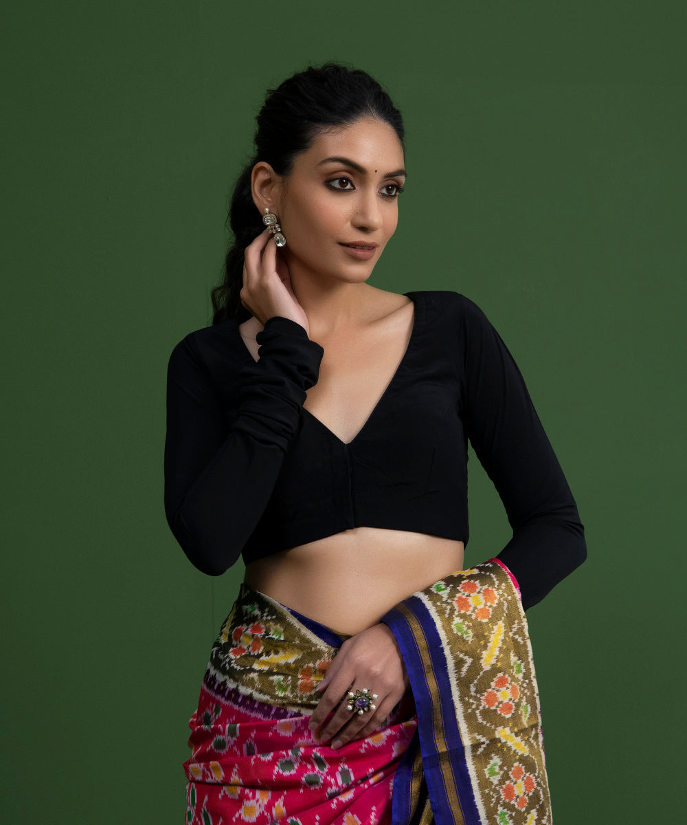 Handloom_Deep_Black_Georgette_Lycra_Blouse_with_Full_Sleeves_WeaverStory_01