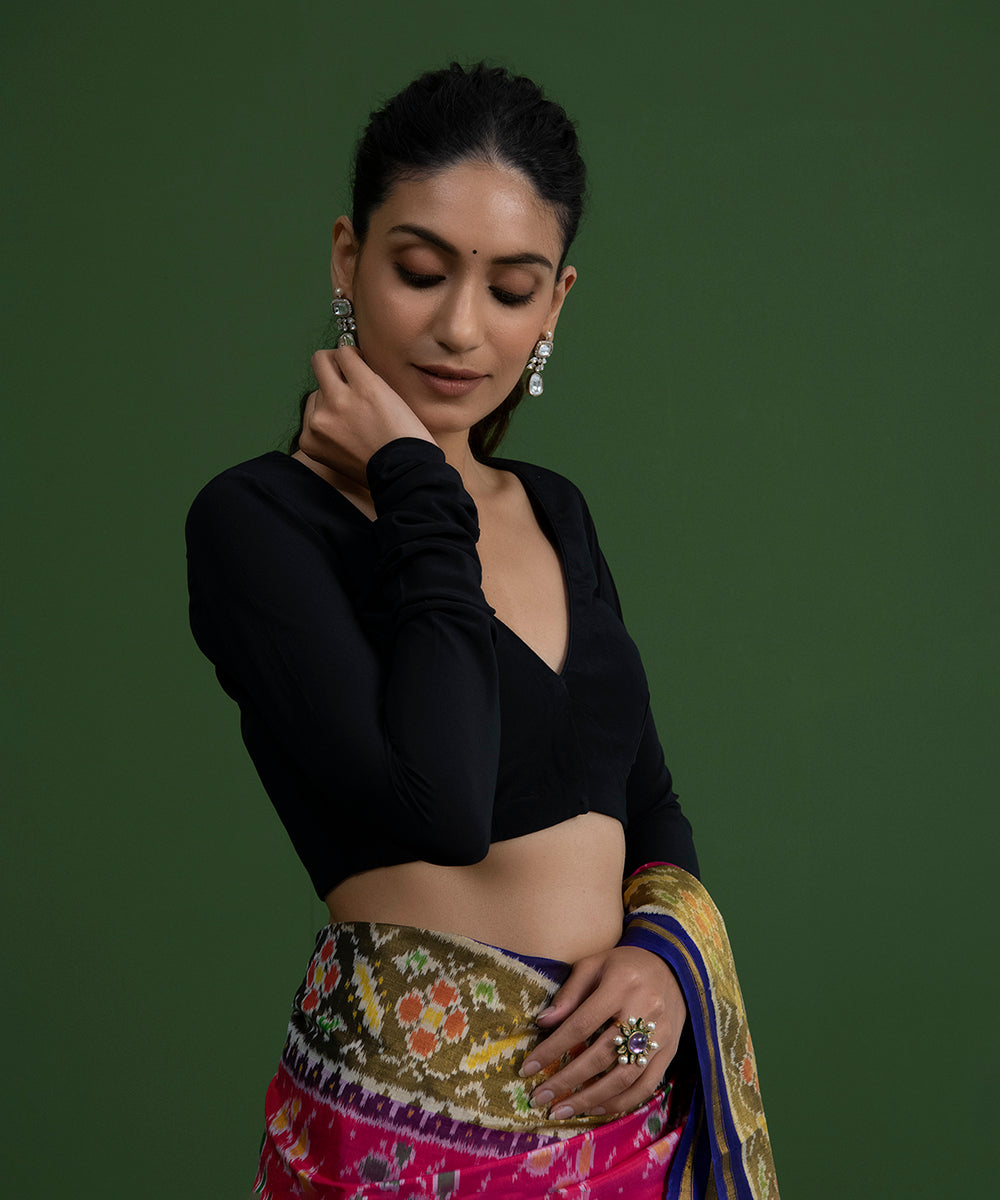 Handloom_Deep_Black_Georgette_Lycra_Blouse_with_Full_Sleeves_WeaverStory_03