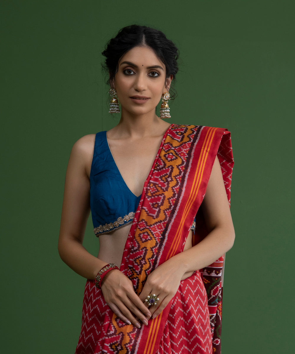 Peacock_Blue_Handloom_Pure_Silk_Deep_V-Neckline_Blouse_with_Embroidery_on_Hemline_WeaverStory_02