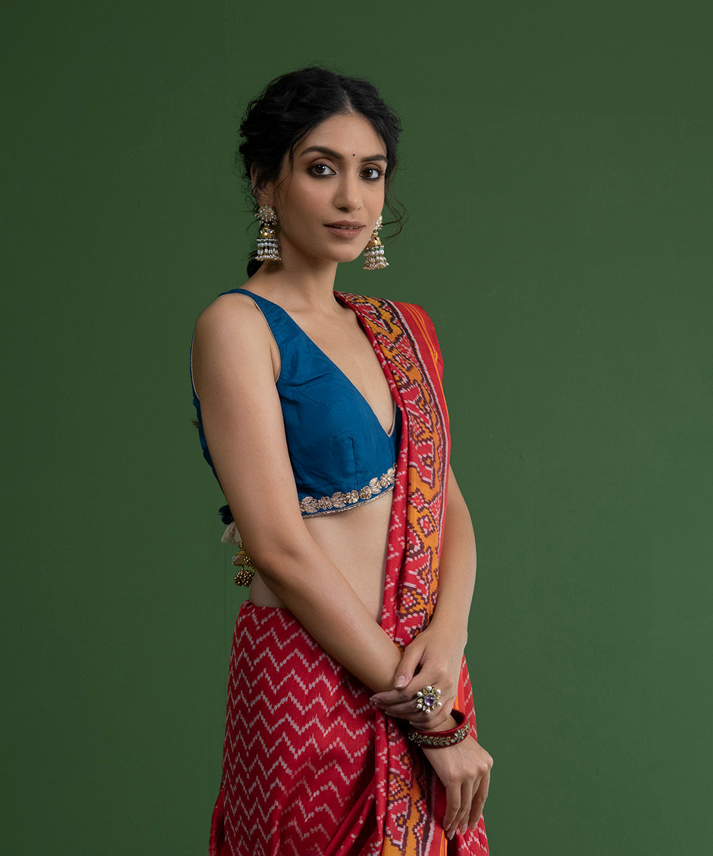 Peacock_Blue_Handloom_Pure_Silk_Deep_V-Neckline_Blouse_with_Embroidery_on_Hemline_WeaverStory_03