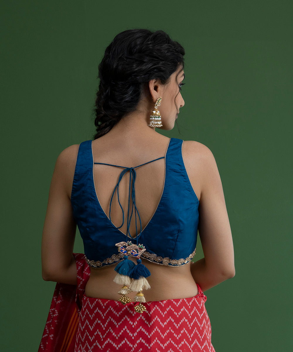 Peacock_Blue_Handloom_Pure_Silk_Deep_V-Neckline_Blouse_with_Embroidery_on_Hemline_WeaverStory_04