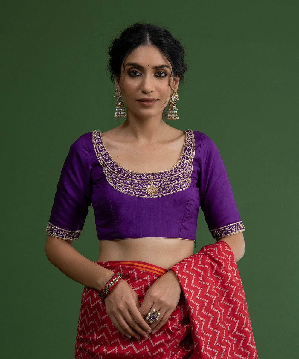 Handloom_Purple_Raw_Silk_Blouse_with_Chaand_Design_on_Neckline_WeaverStory_03