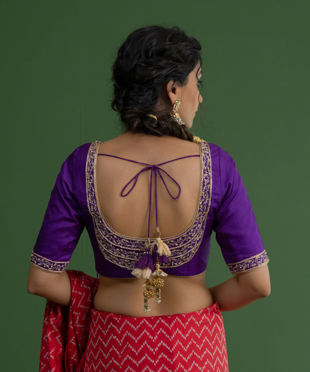 Handloom_Purple_Raw_Silk_Blouse_with_Chaand_Design_on_Neckline_WeaverStory_04