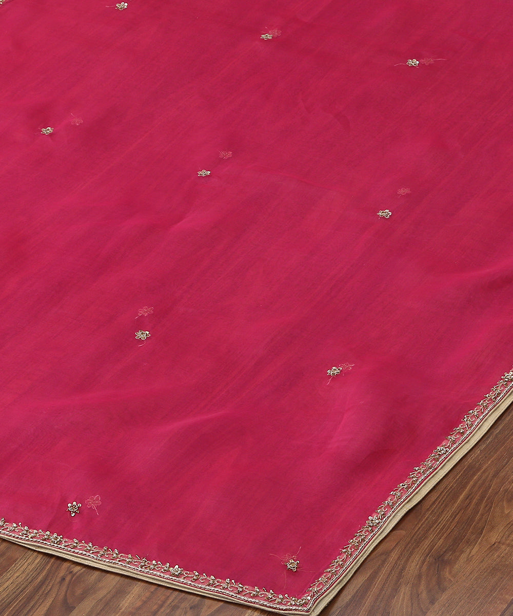 Hot_Pink_Hand_Embroidered_Zardozi_Organza_Dupatta_with_Thin_Border_WeaverStory_03
