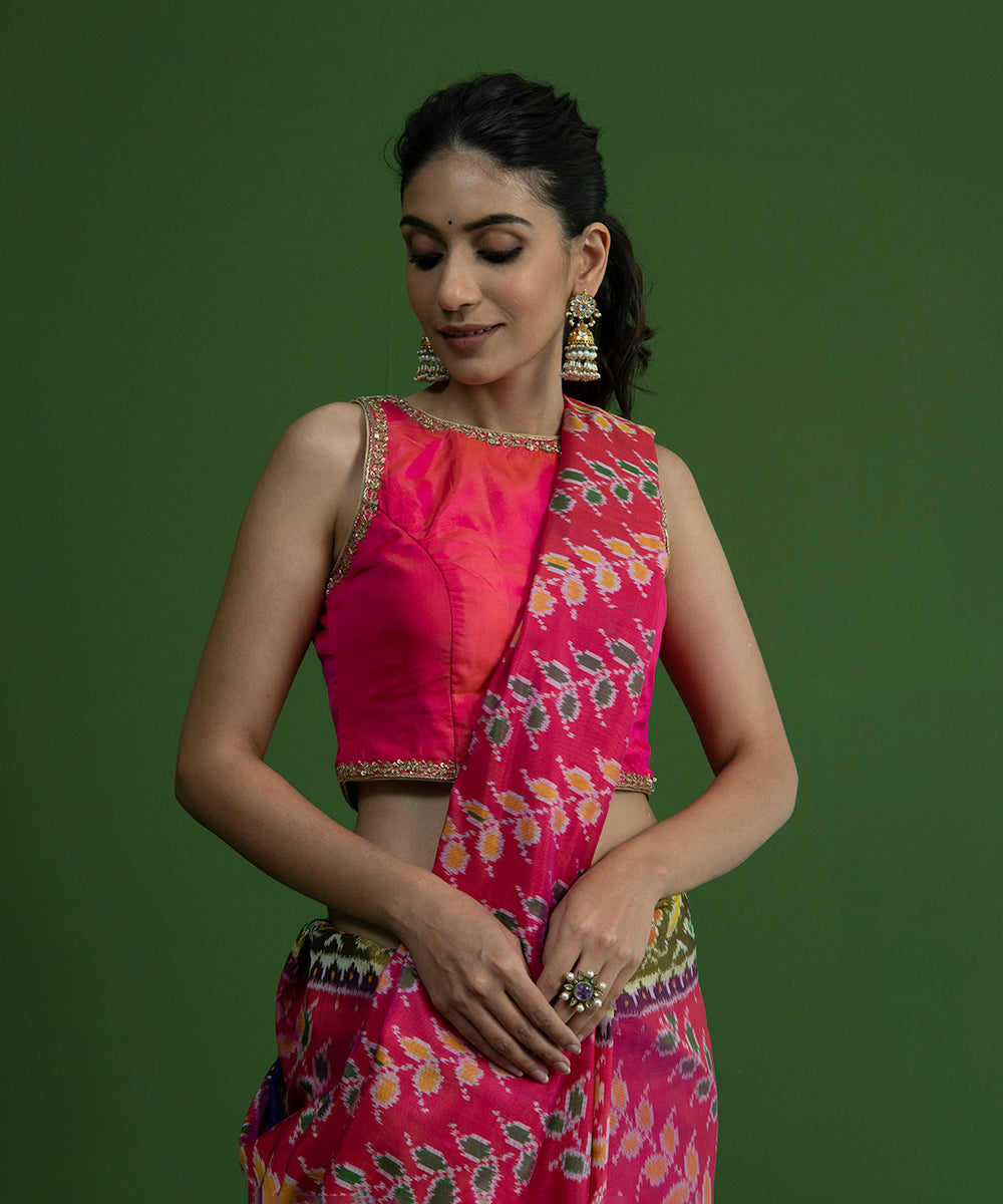 Hot_Pink_Halter_Neck_Pure_Silk_Blouse_with_Thin_Border_Hand_Embroidery_WeaverStory_02