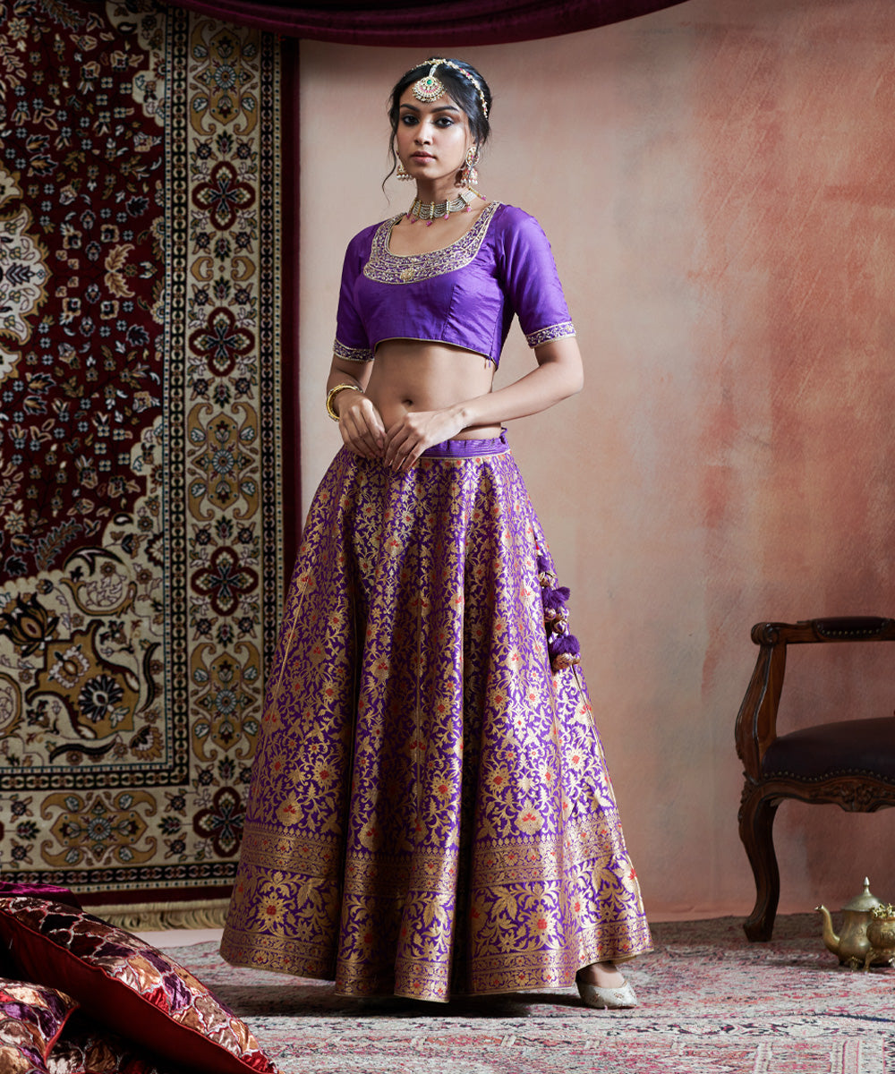 Handloom Purple Hand Embroidered Pure Katan Silk Banarasi Bageecha Lehenga With Blouse And Organza