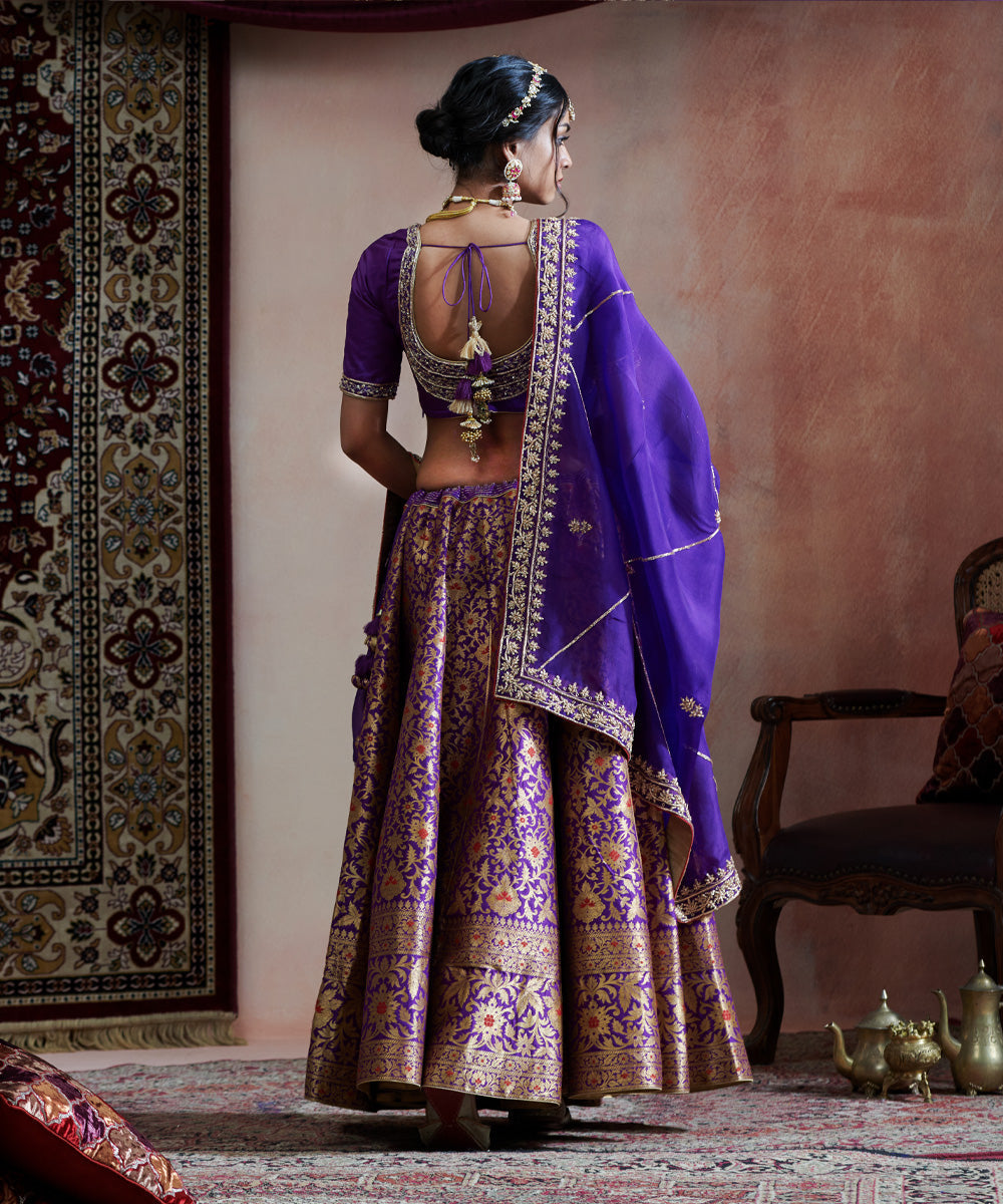 Handloom Purple Hand Embroidered Pure Katan Silk Banarasi Bageecha Lehenga With Blouse And Organza Dupatta