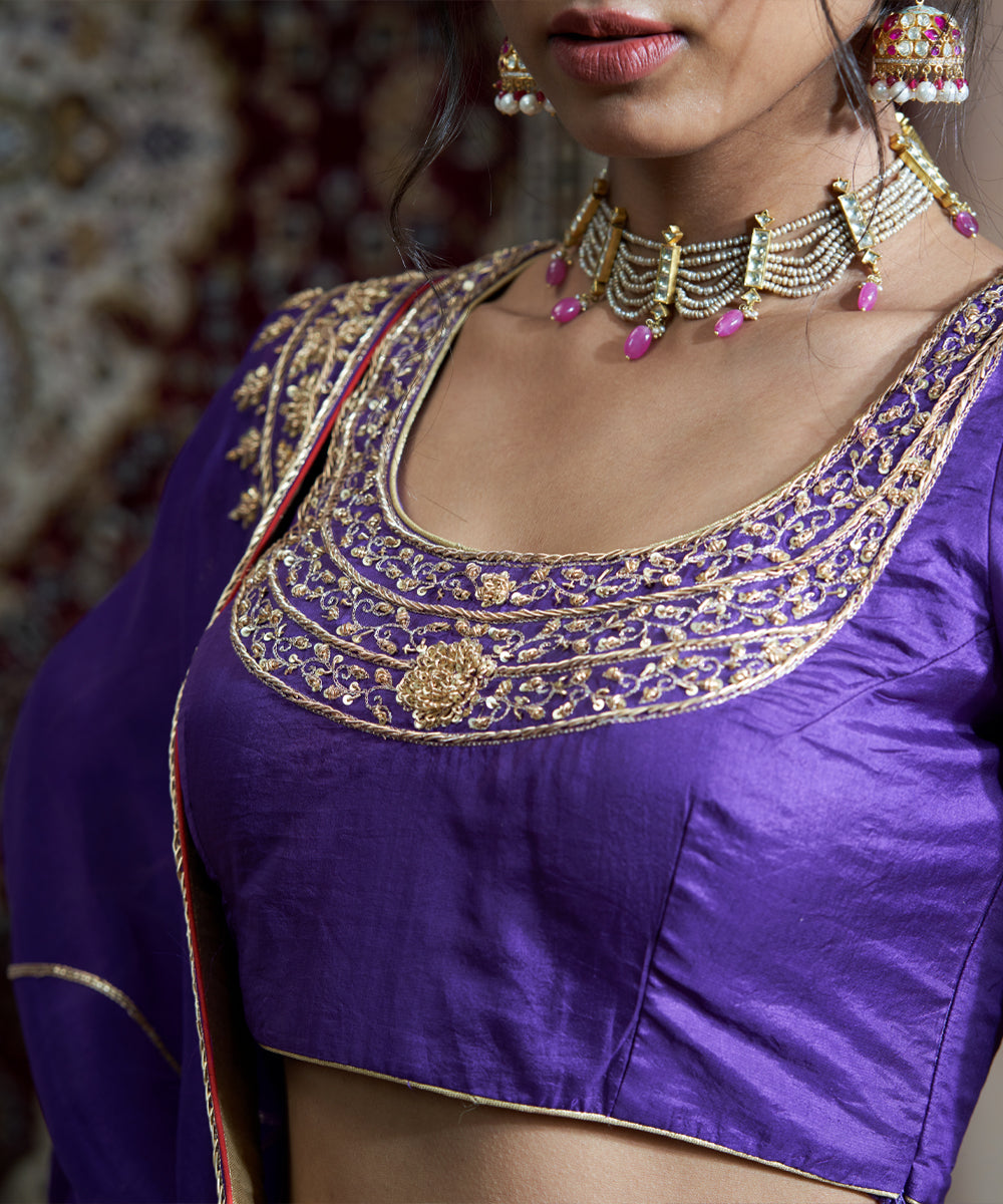 Handloom Purple Hand Embroidered Pure Katan Silk Banarasi Bageecha Lehenga With Blouse And Organza