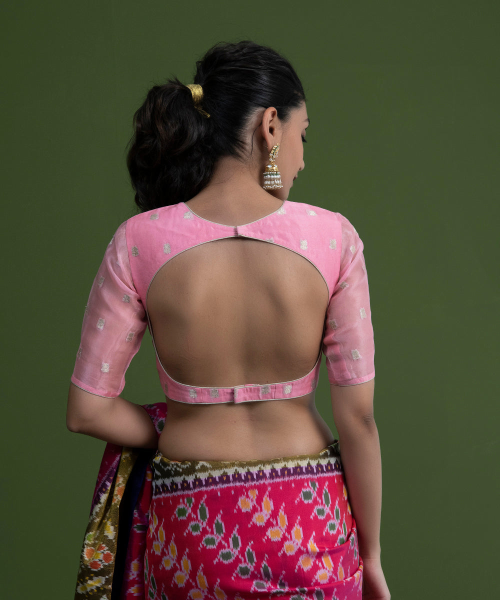 Pink_Handloom_Organza_Blouse_with_Zero_Neckline_WeaverStory_04