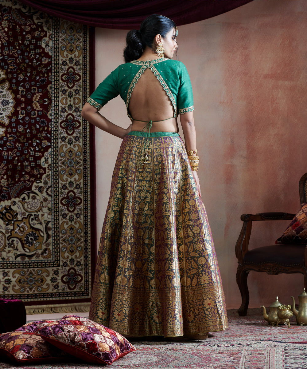 Green Dual Tone Handloom Pure Katan Silk Banarasi Bagheecha Lehenga With Blouse And Organza Dupatta
