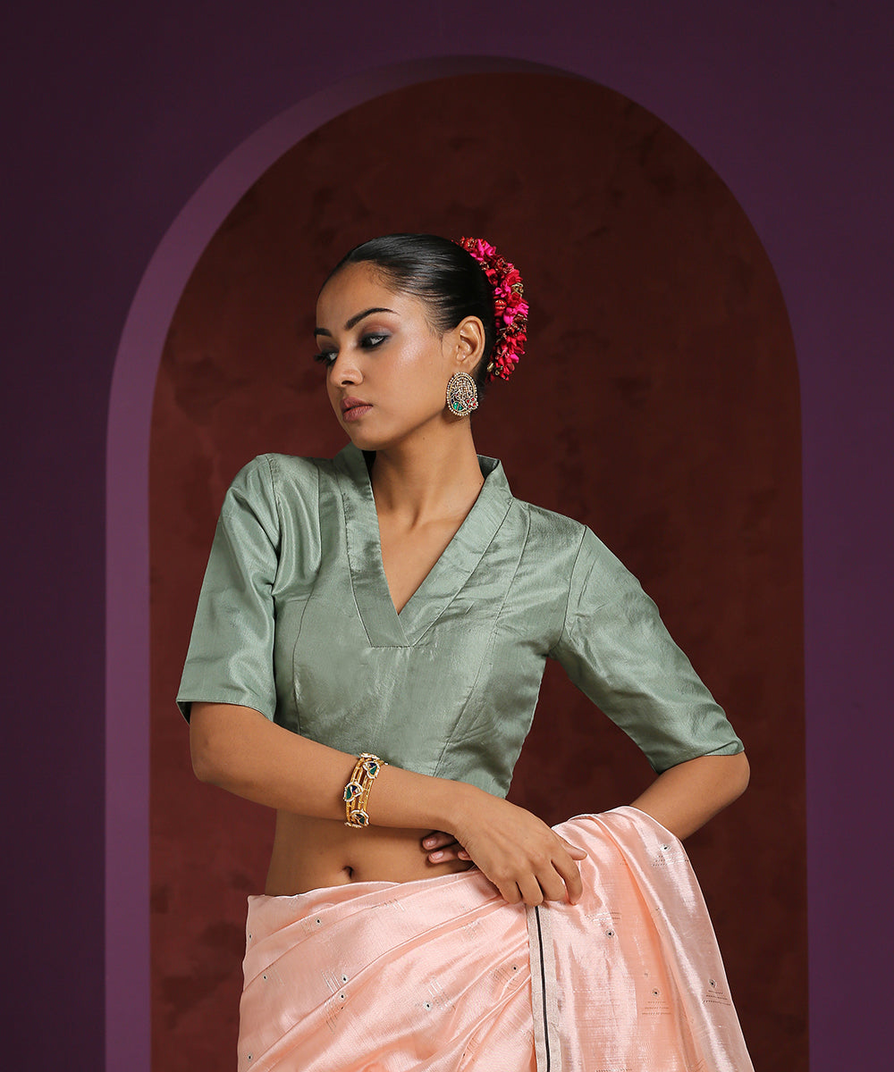 Pista_Green_Pure_Silk_V-_Collared_Neck_Blouse_WeaverStory_01