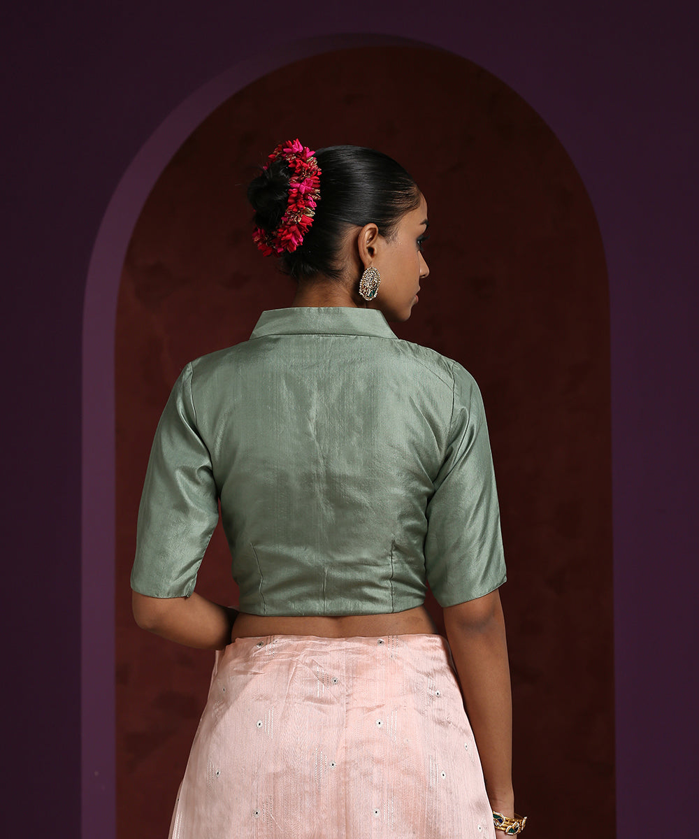 Pista_Green_Pure_Silk_V-_Collared_Neck_Blouse_WeaverStory_03