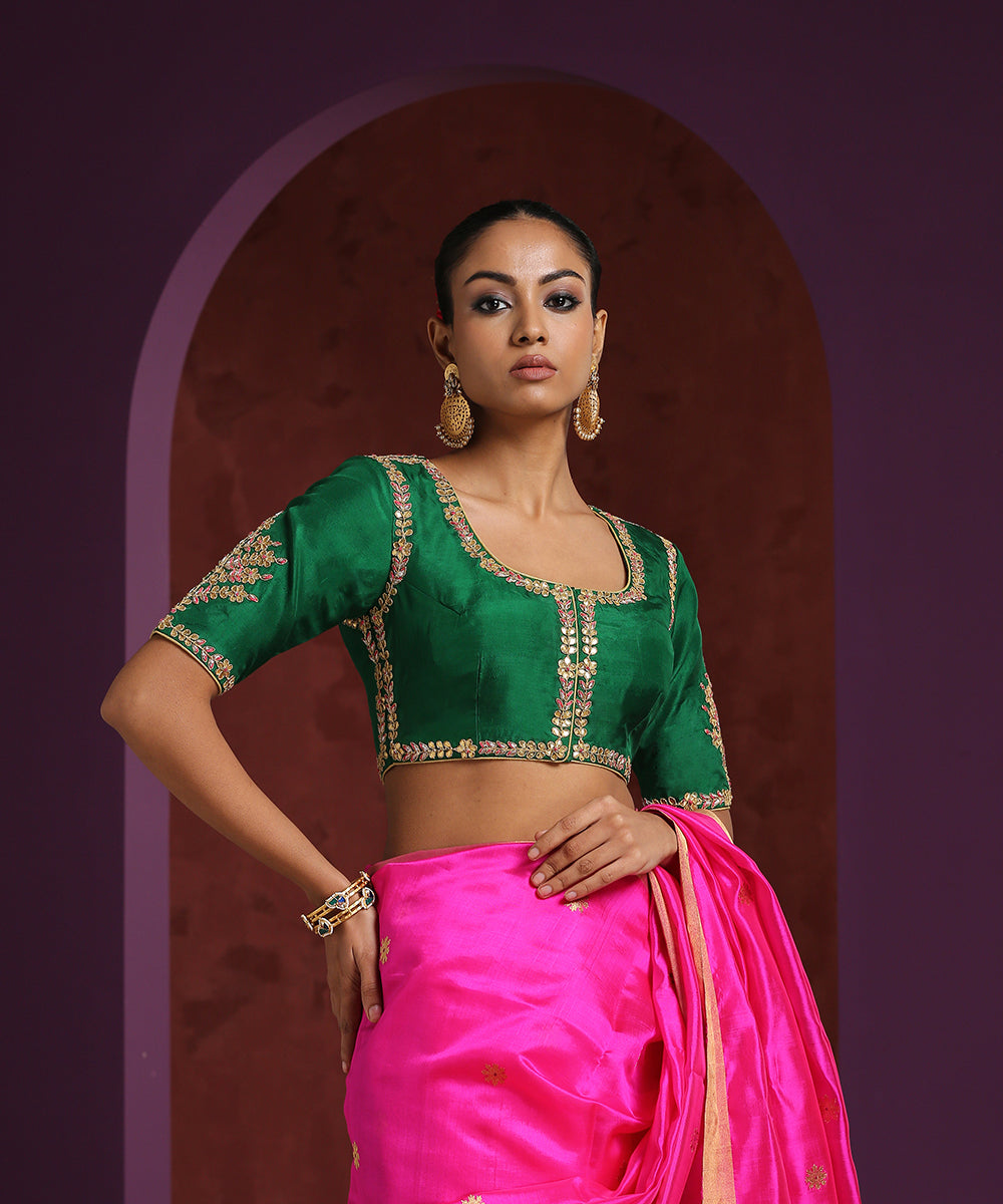 Handcrafted_Green_Pure_Silk_Blouse_With_Gota_Patti_And_Zardozi_Work_WeaverStory_01