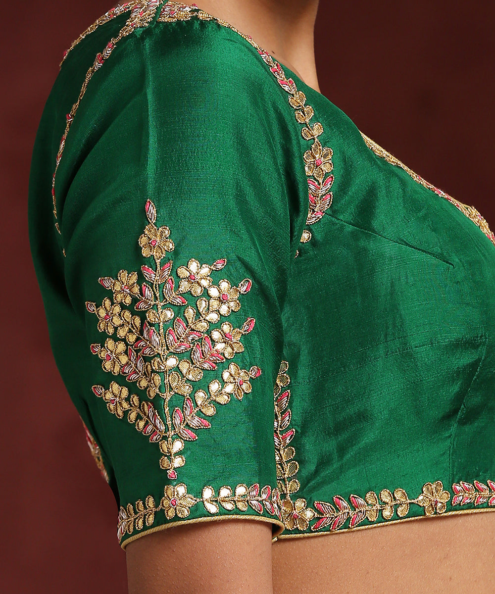 Handcrafted_Green_Pure_Silk_Blouse_With_Gota_Patti_And_Zardozi_Work_WeaverStory_04