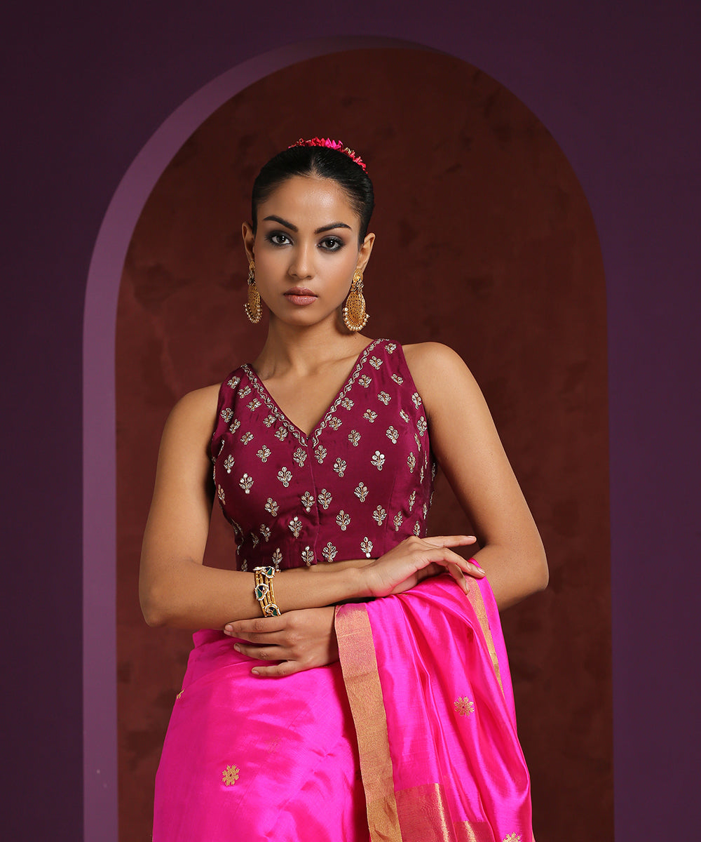 Handcrafted_Wine_Crepe_Zardozi_Blouse_With_Booti_WeaverStory_01