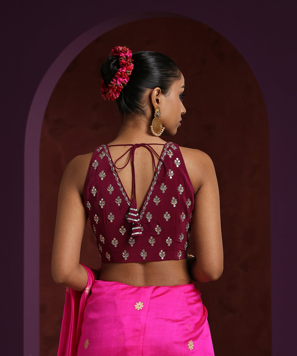 Handcrafted_Wine_Crepe_Zardozi_Blouse_With_Booti_WeaverStory_03