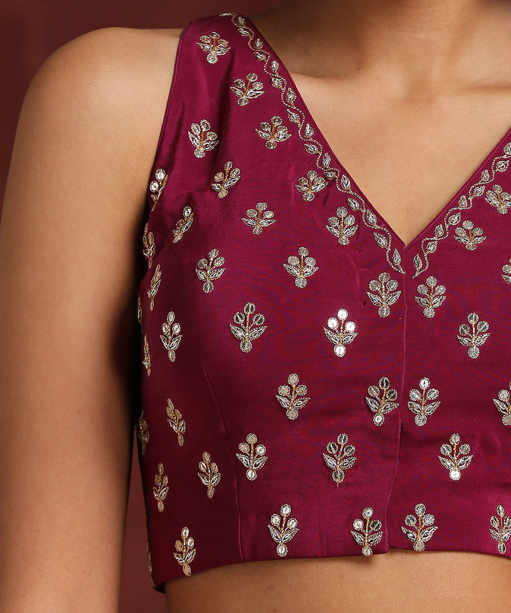 Handcrafted_Wine_Crepe_Zardozi_Blouse_With_Booti_WeaverStory_04