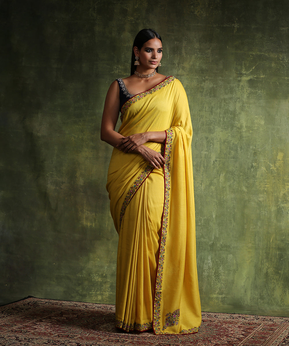 Handloom_Yellow_Moonga_Silk_Saree_With_Hand_Embroidered_Border_WeaverStory_02