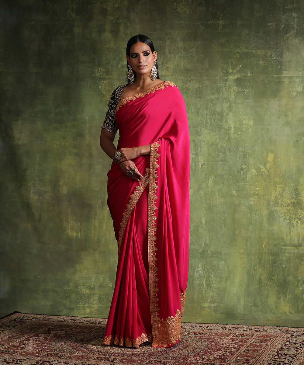 Hot_Pink_Handloom_Crepe_Saree_With_Kashmiri_Tilla_Work_WeaverStory_02
