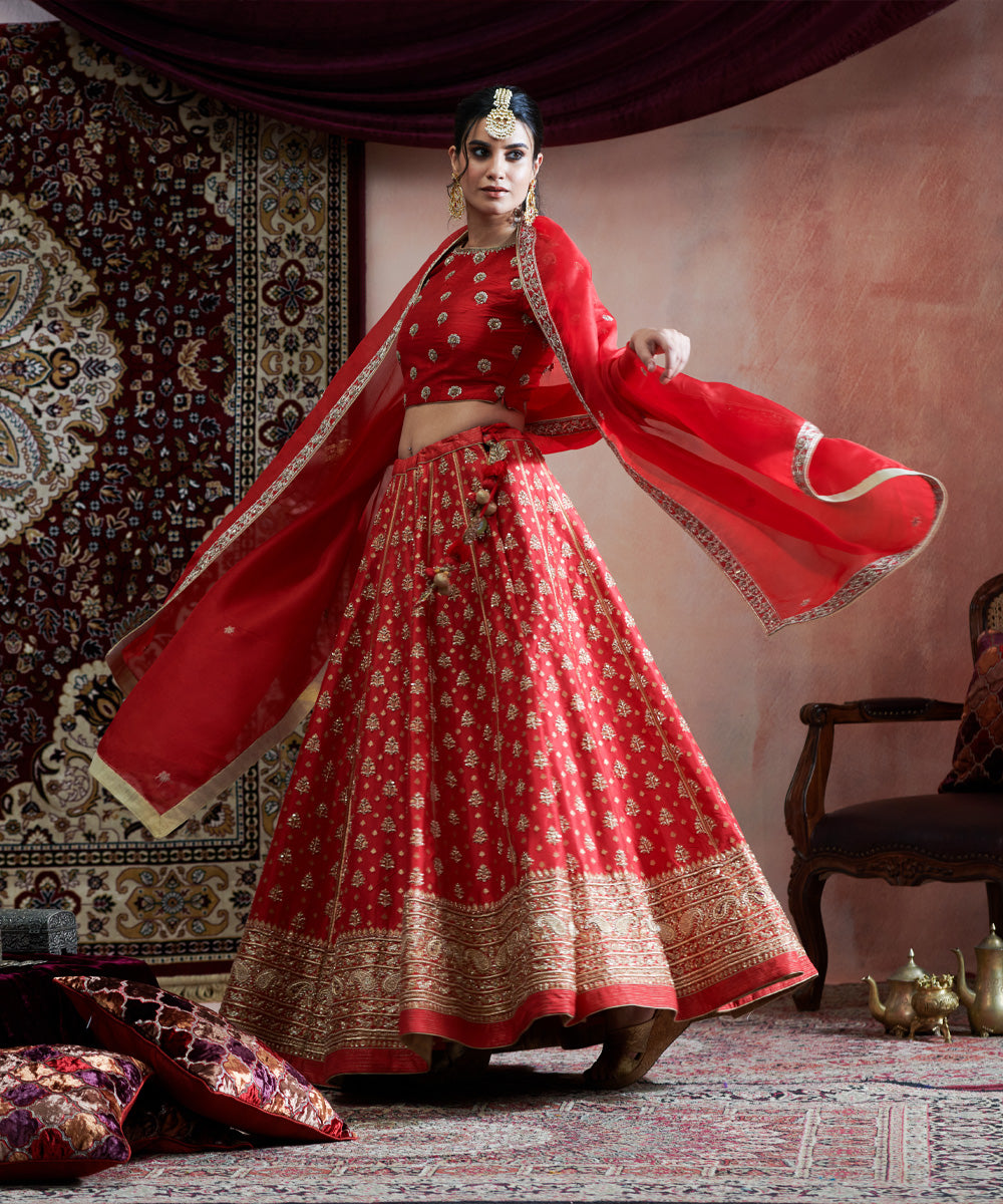 Red Handloom Pure Katan Silk Hand Embroidered Banarasi Lehenga With Blouse And Organza Dupatta