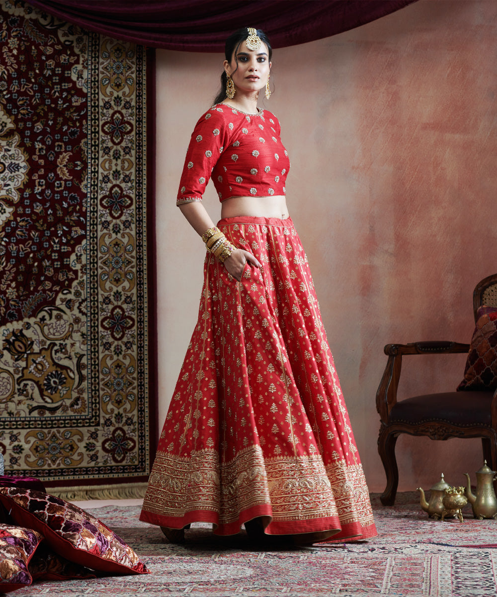 Red Handloom Pure Katan Silk Hand Embroidered Banarasi Lehenga With Blouse And Organza Dupatta