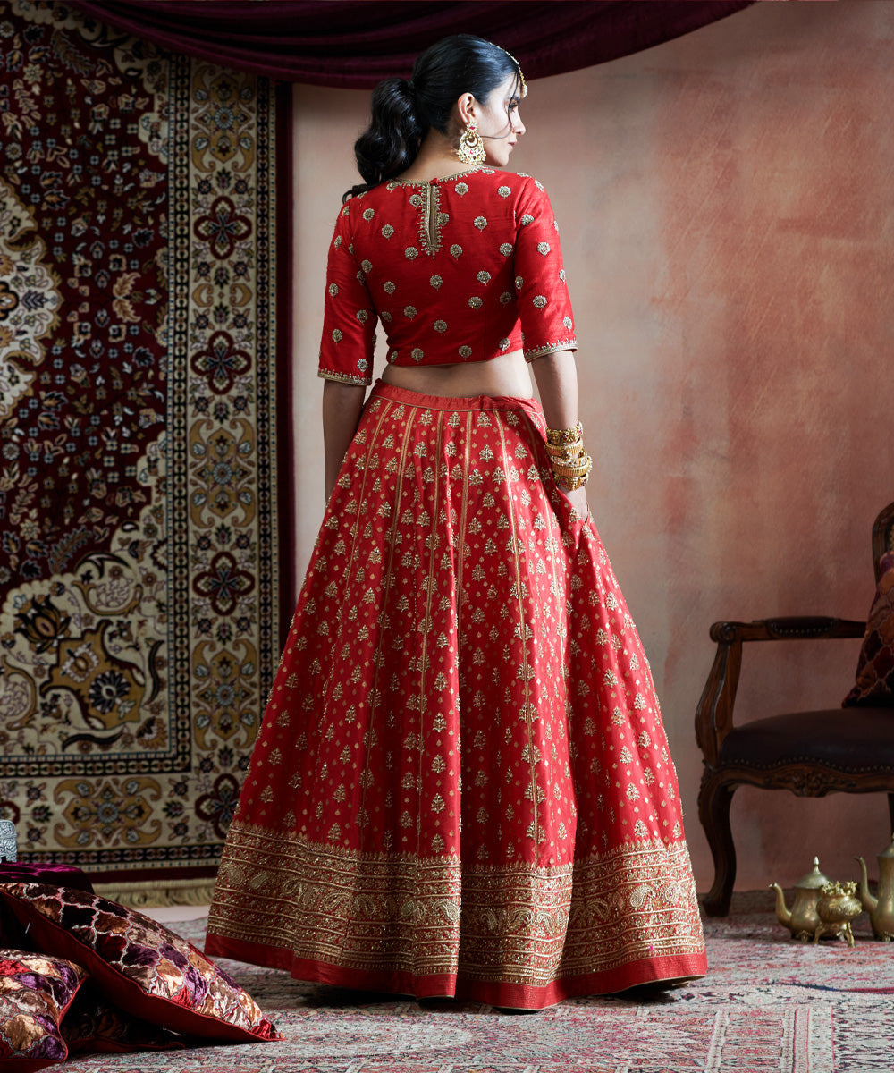Red Handloom Pure Katan Silk Hand Embroidered Banarasi Lehenga With Blouse And Organza Dupatta