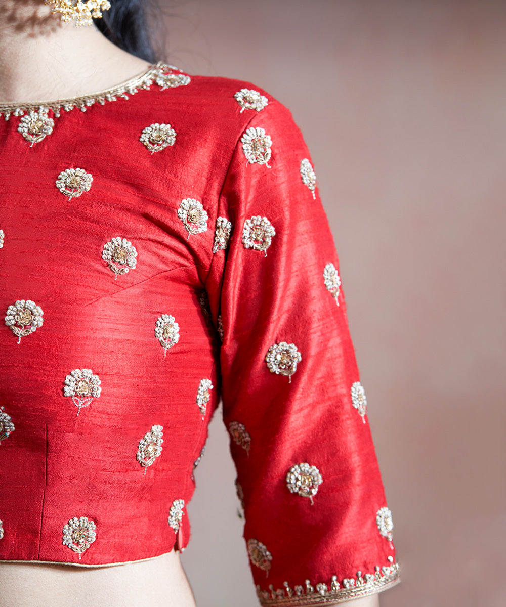 Red Handloom Pure Katan Silk Hand Embroidered Banarasi Lehenga With Blouse And Organza Dupatta