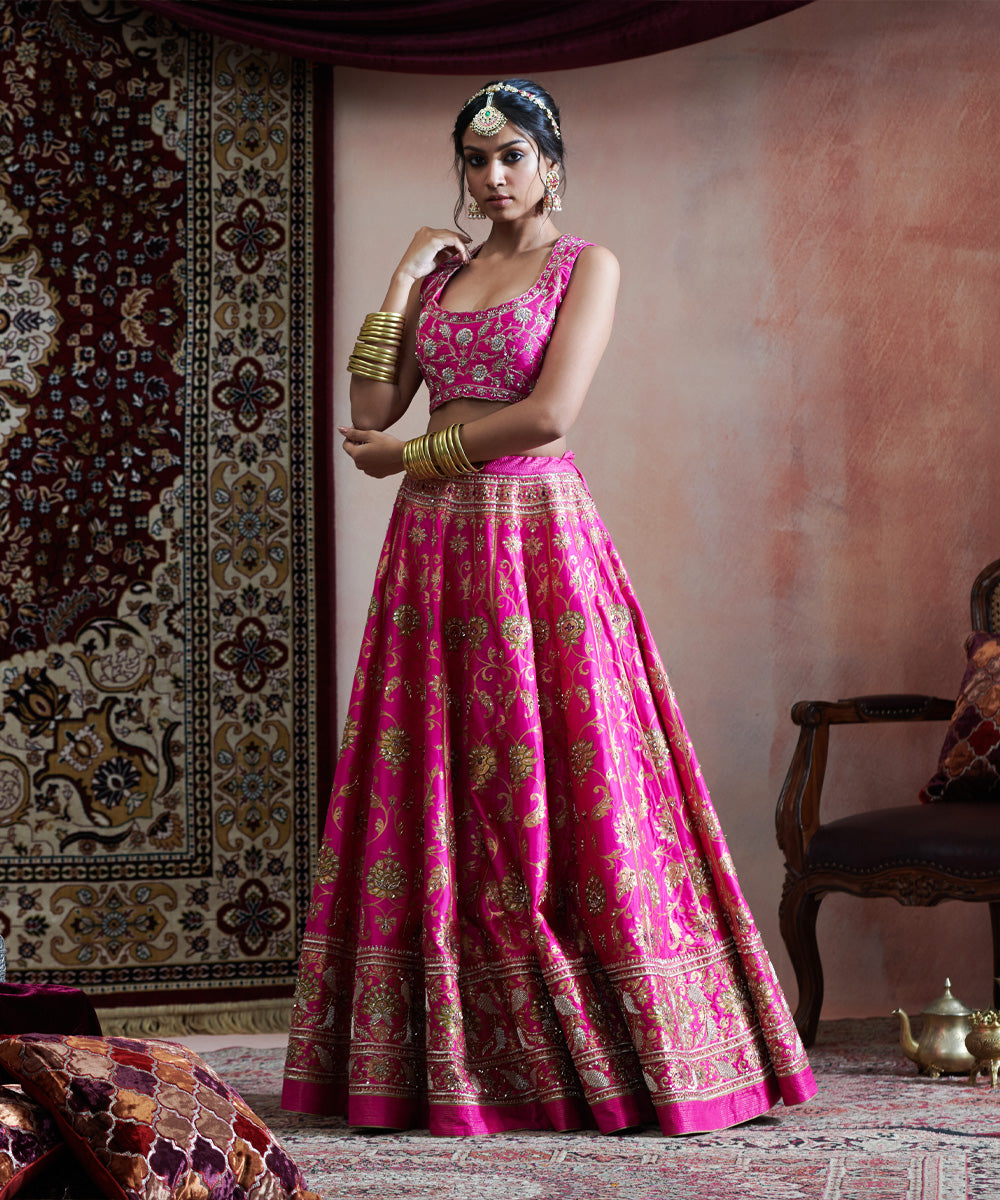 Hot Pink Handloom Pure Katan Silk Hand Embroidered Banarasi Lehenga With Blouse And Organza Dupatta