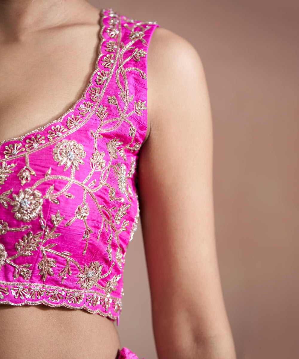 Hot Pink Handloom Pure Katan Silk Hand Embroidered Banarasi Lehenga With Blouse And Organza Dupatta