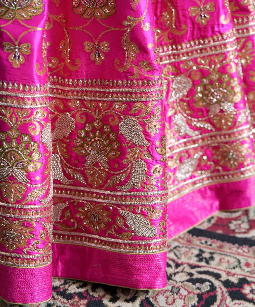 Hot Pink Handloom Pure Katan Silk Hand Embroidered Banarasi Lehenga With Blouse And Organza Dupatta